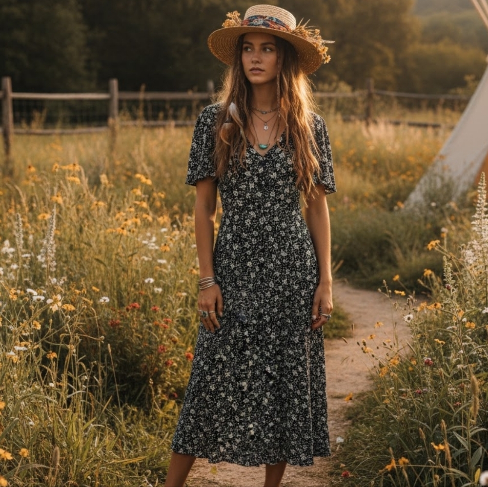 Vintage Style 90's Floral Button Front Lace Up Ties Midi Dress Size 11